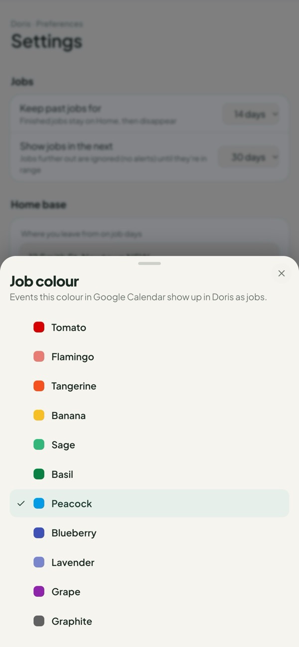 Doris settings: choosing the job colour, Peacock selected